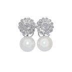 PENDIENTES FLOR DE ORO BLANCO CON DIAMANTES Y PERLAS