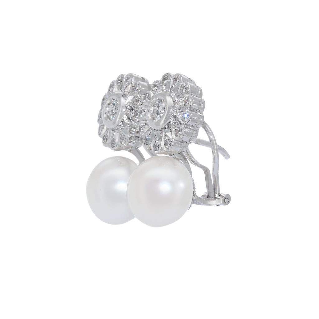 PENDIENTES FLOR DE ORO BLANCO CON DIAMANTES Y PERLAS