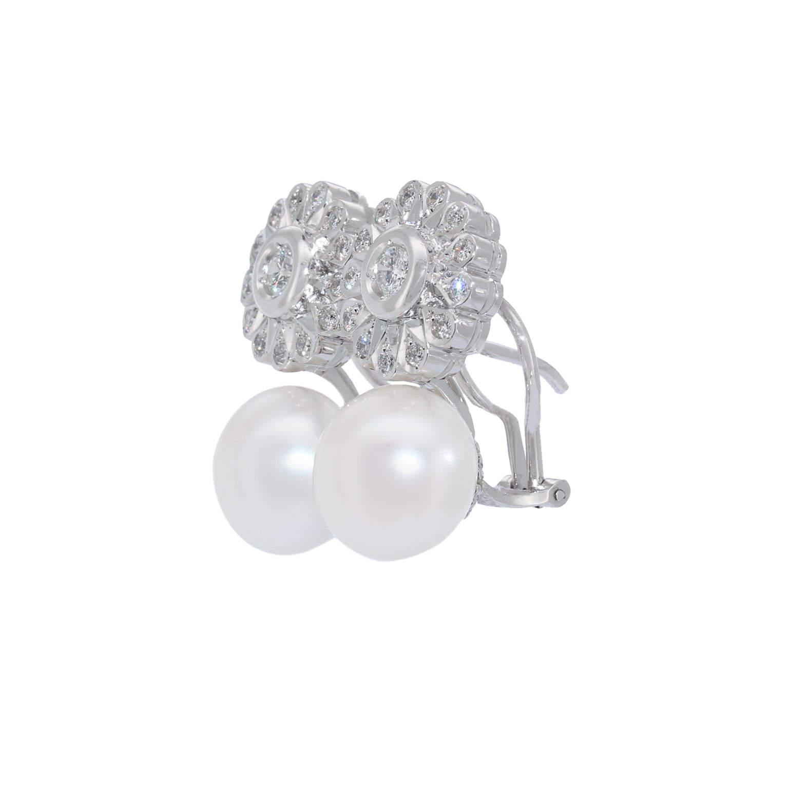 PENDIENTES FLOR DE ORO BLANCO CON DIAMANTES Y PERLAS