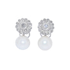 PENDIENTES FLOR DE ORO BLANCO CON DIAMANTES Y PERLAS