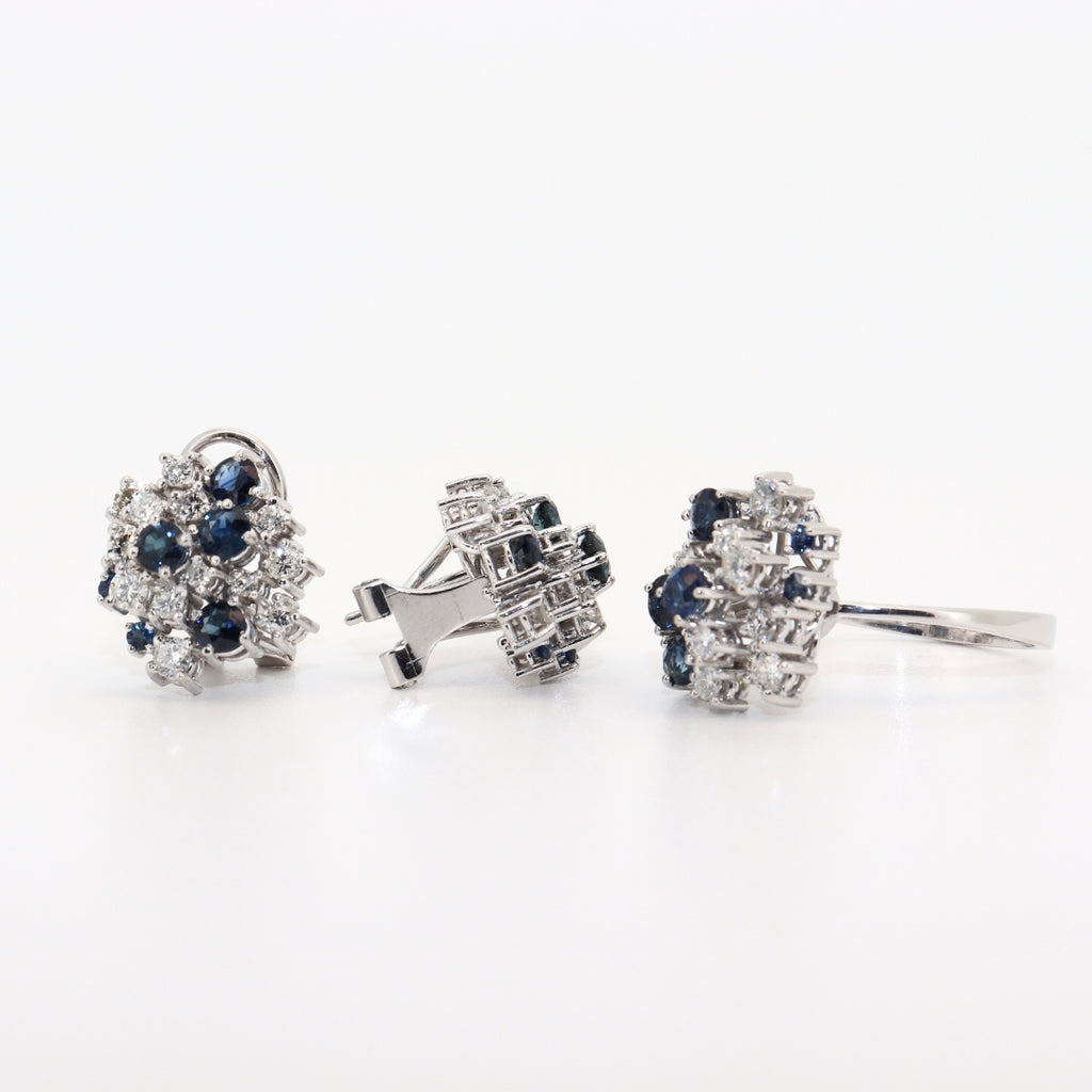 CONJUNTO SORTIJA Y PENDIENTES ORO BLANCO CON ZAFIROS Y BRILLANTES