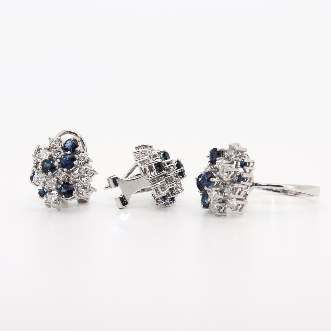CONJUNTO SORTIJA Y PENDIENTES ORO BLANCO CON ZAFIROS Y BRILLANTES