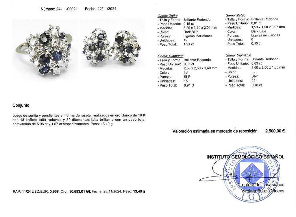 CONJUNTO SORTIJA Y PENDIENTES ORO BLANCO CON ZAFIROS Y BRILLANTES