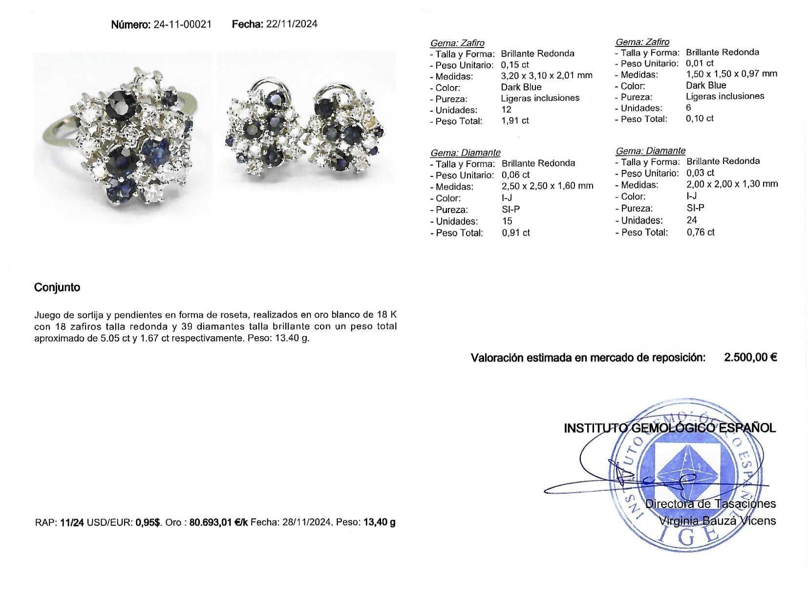 CONJUNTO SORTIJA Y PENDIENTES ORO BLANCO CON ZAFIROS Y BRILLANTES