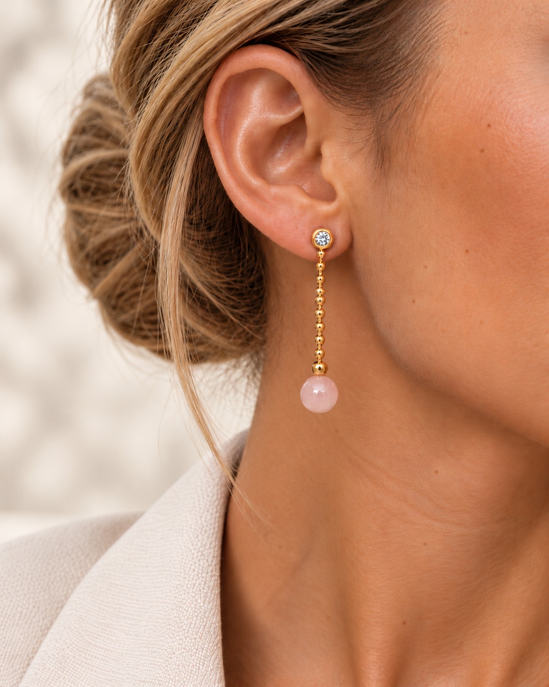 PENDIENTES LARGOS DE TUERCAS PIEDRAS ROSA Y CIRCONITAS