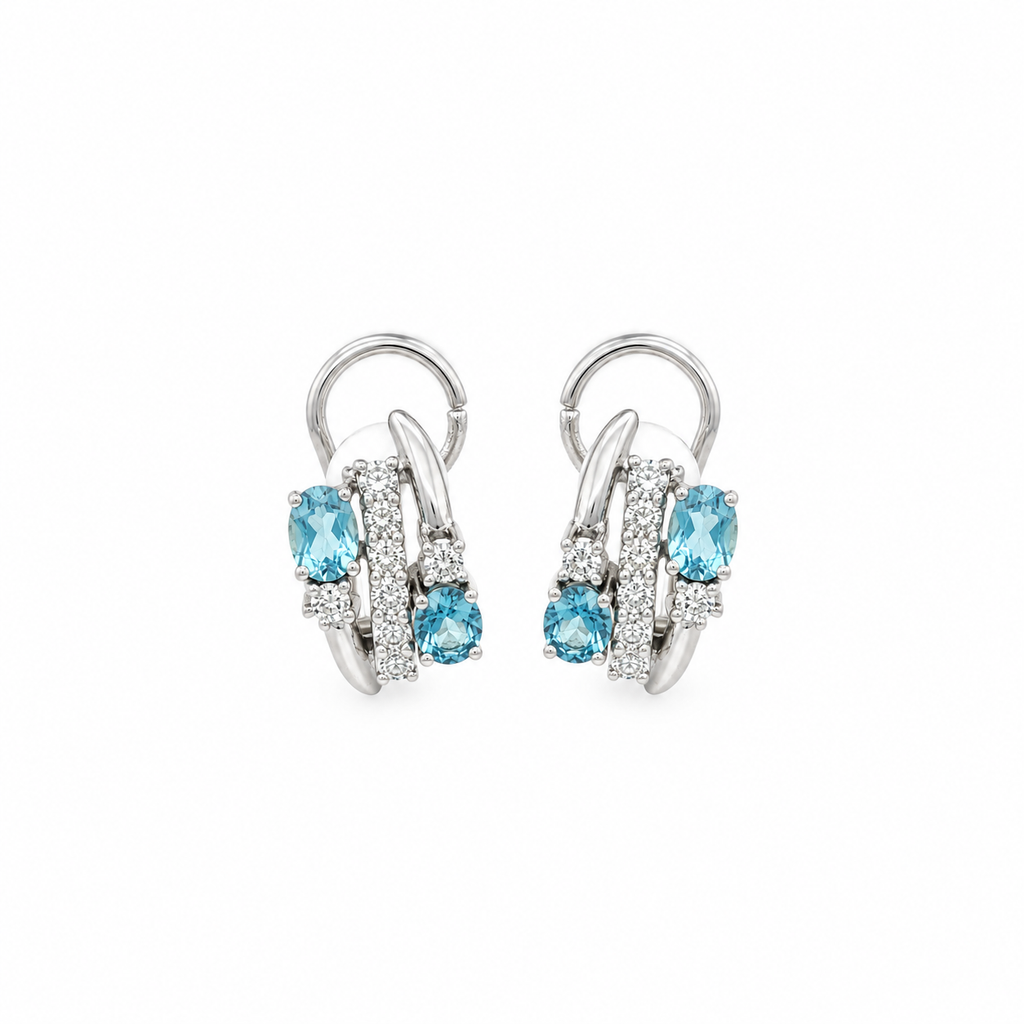CONJUNTO ANILLO + PENDIENTES ORO BLANCO CON DIAMANTES Y AGUAMARINAS