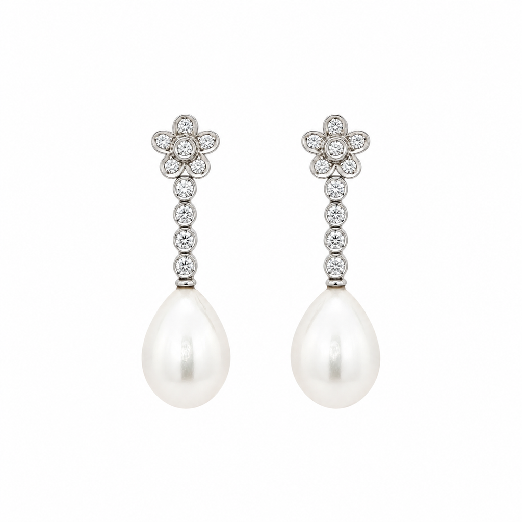 PENDIENTES LARGOS FLOR O/B CON DIAMANTES Y PERLA