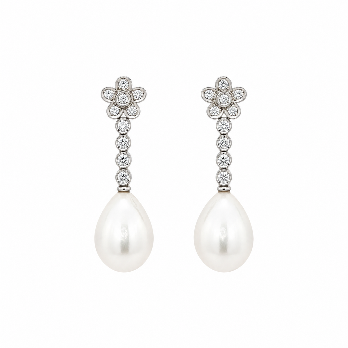 PENDIENTES LARGOS FLOR O/B CON DIAMANTES Y PERLA