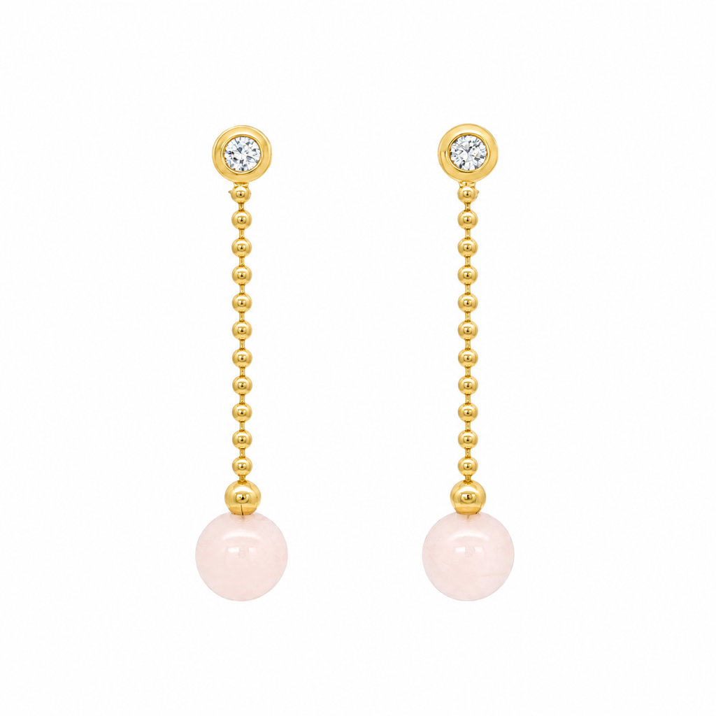 PENDIENTES LARGOS DE TUERCAS PIEDRAS ROSA Y CIRCONITAS
