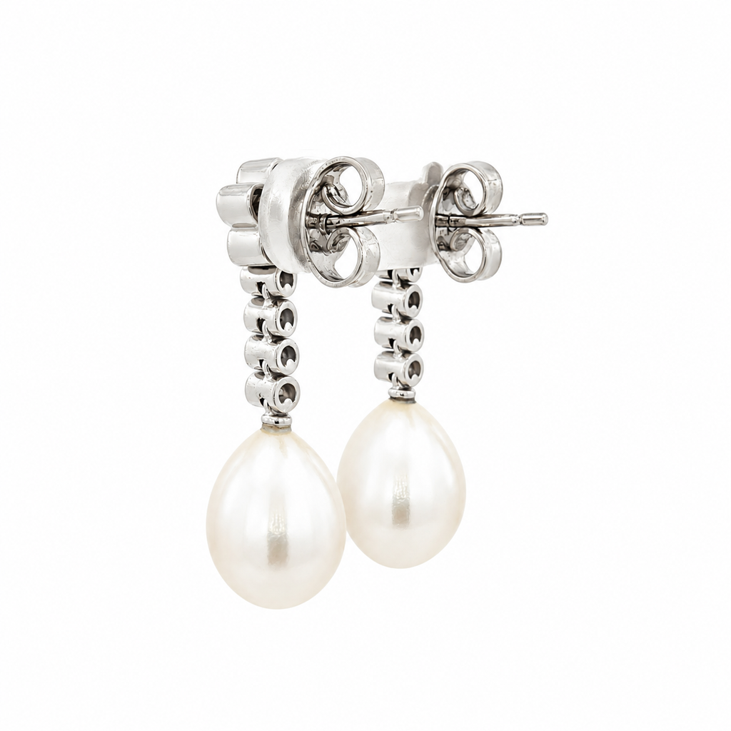 PENDIENTES LARGOS FLOR O/B CON DIAMANTES Y PERLA