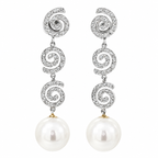 PENDIENTES ESPIRALES LARGOS ORO BLANCO CON PERLAS Y BRILLANTES TOUS