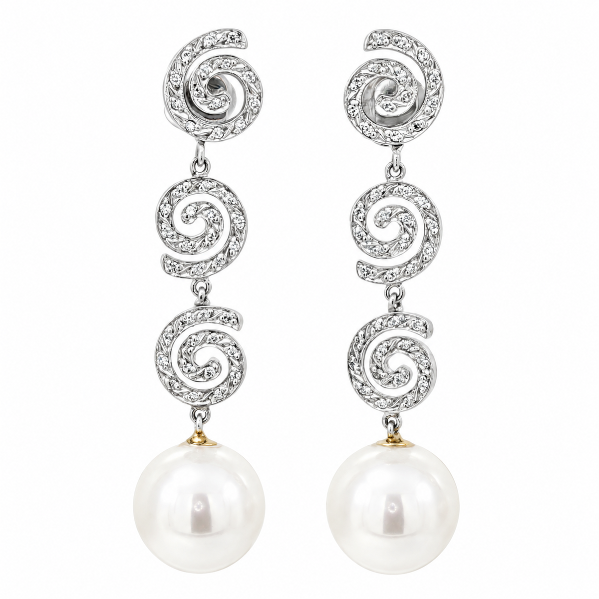 PENDIENTES ESPIRALES LARGOS ORO BLANCO CON PERLAS Y BRILLANTES TOUS