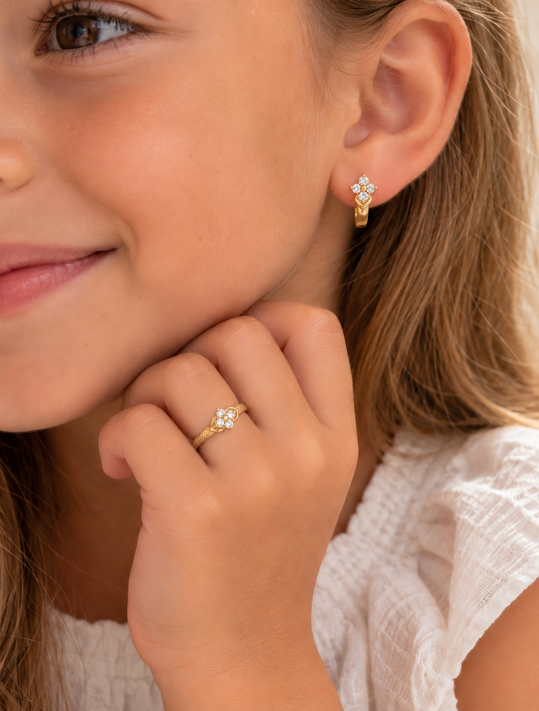 CONJUNTO NIÑA ANILLO + PENDIENTES FLOR CON CIRCONITAS