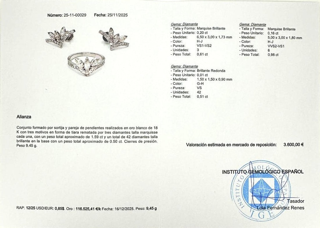 CONJUNTO SORTIJA Y PENDIENTES ORO BLANCO Y MARQUISES