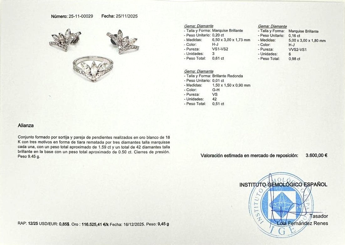 CONJUNTO SORTIJA Y PENDIENTES ORO BLANCO Y MARQUISES