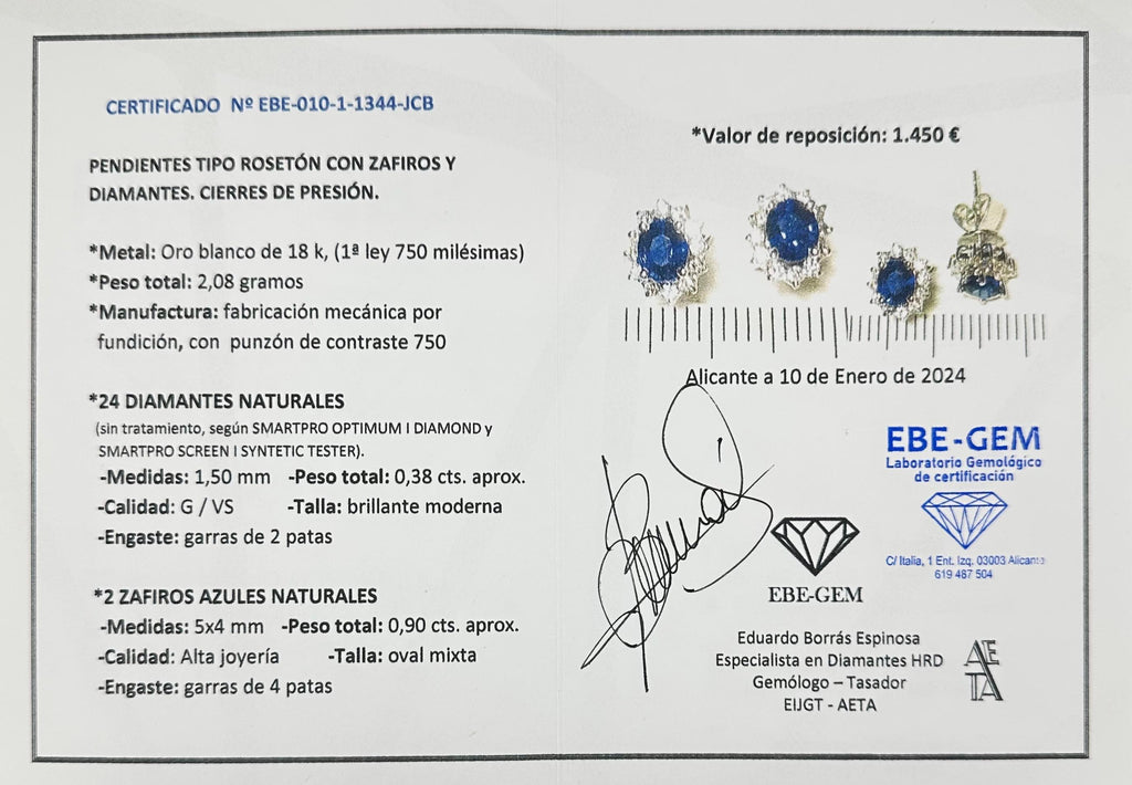 PENDIENTES ORO BLANCO ZAFIRO Y BRILLANTES