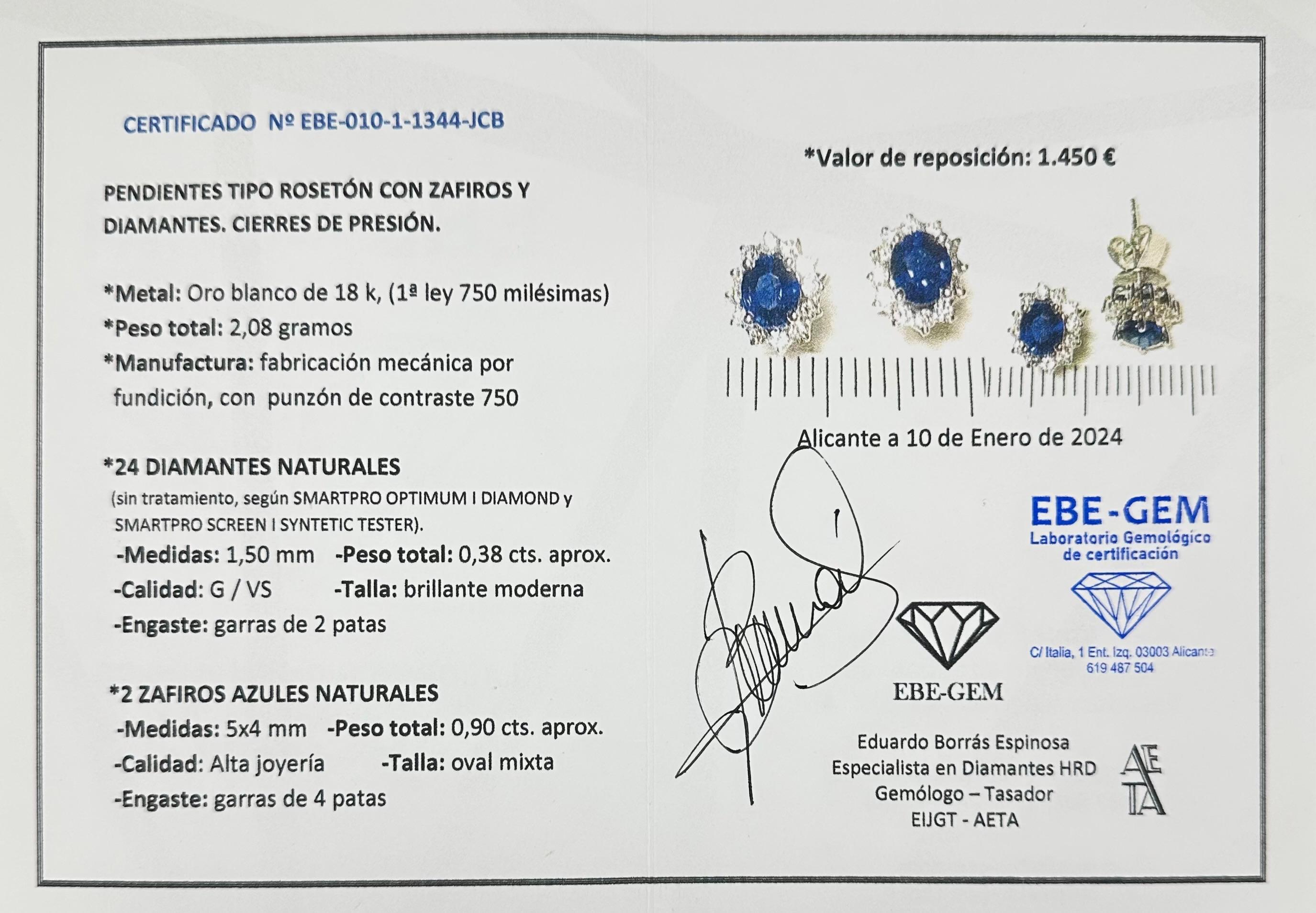 PENDIENTES ORO BLANCO ZAFIRO Y BRILLANTES