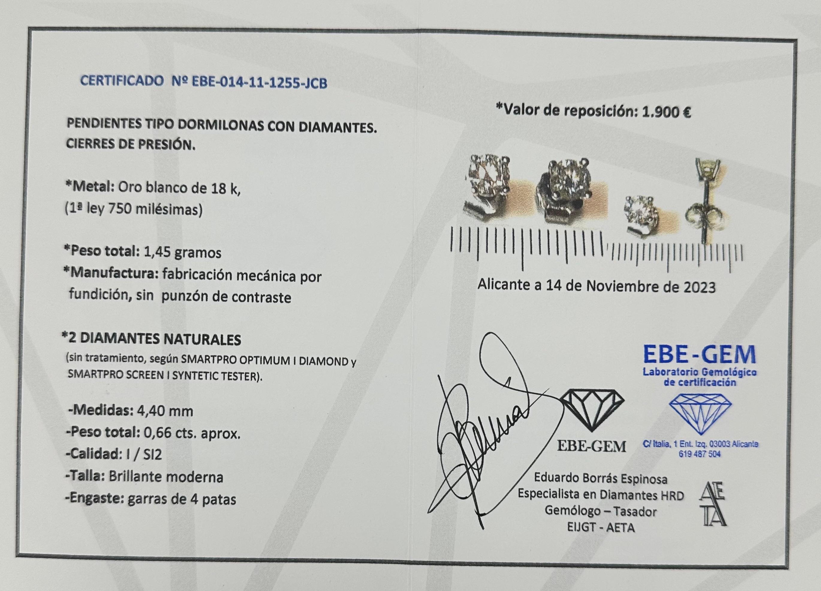 DORMILONAS BRILLANTE 0,33qt X 2 Y PENDIENTES ORO BLANCO Y BRILLANTES ROSETON