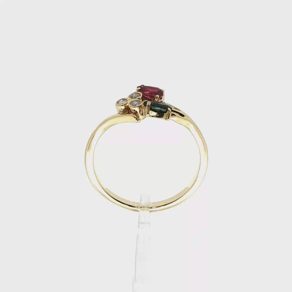 ANILLO TU Y YO ZAFIRO Y RUBI CON DIAMANTES