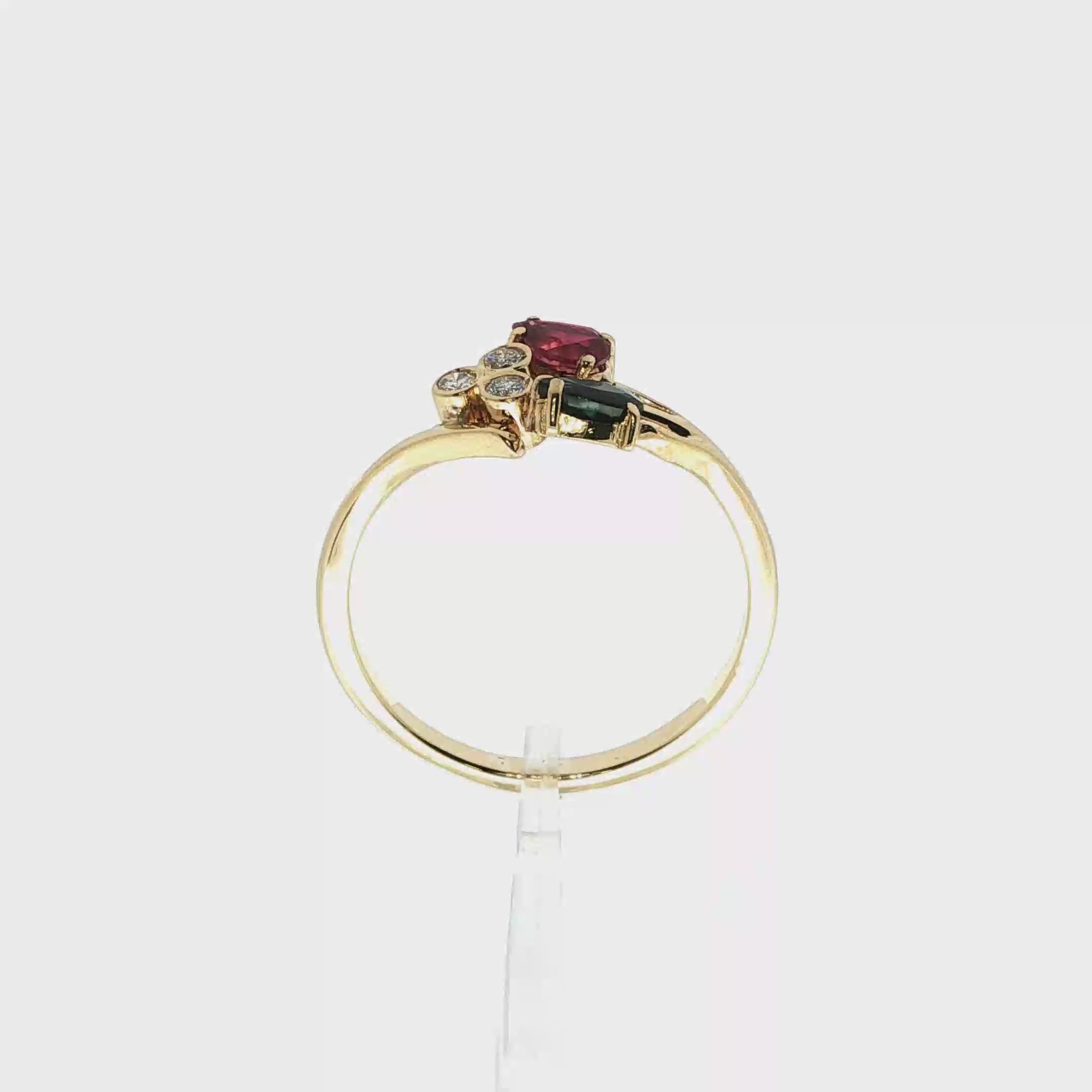 ANILLO TU Y YO ZAFIRO Y RUBI CON DIAMANTES
